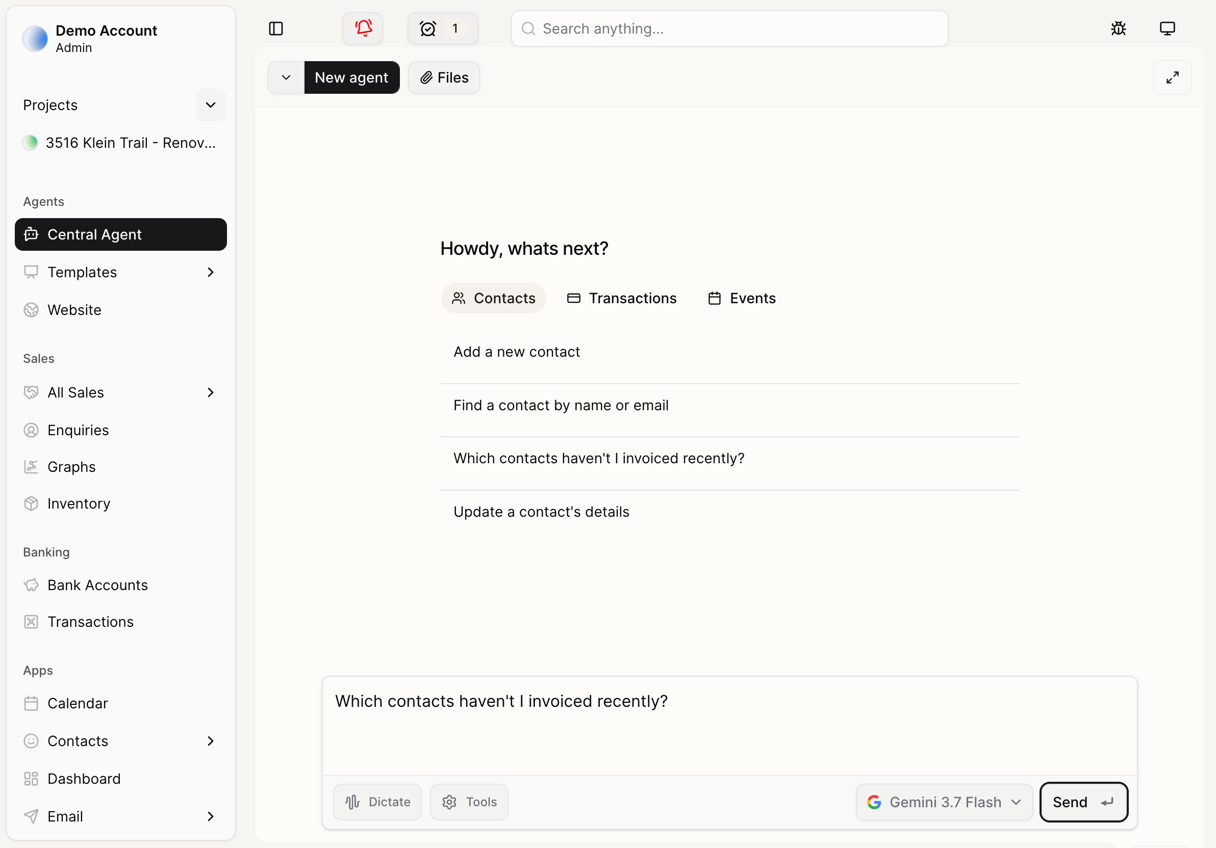 CentralOS agent chat interface showing schedule coordination and quote drafting