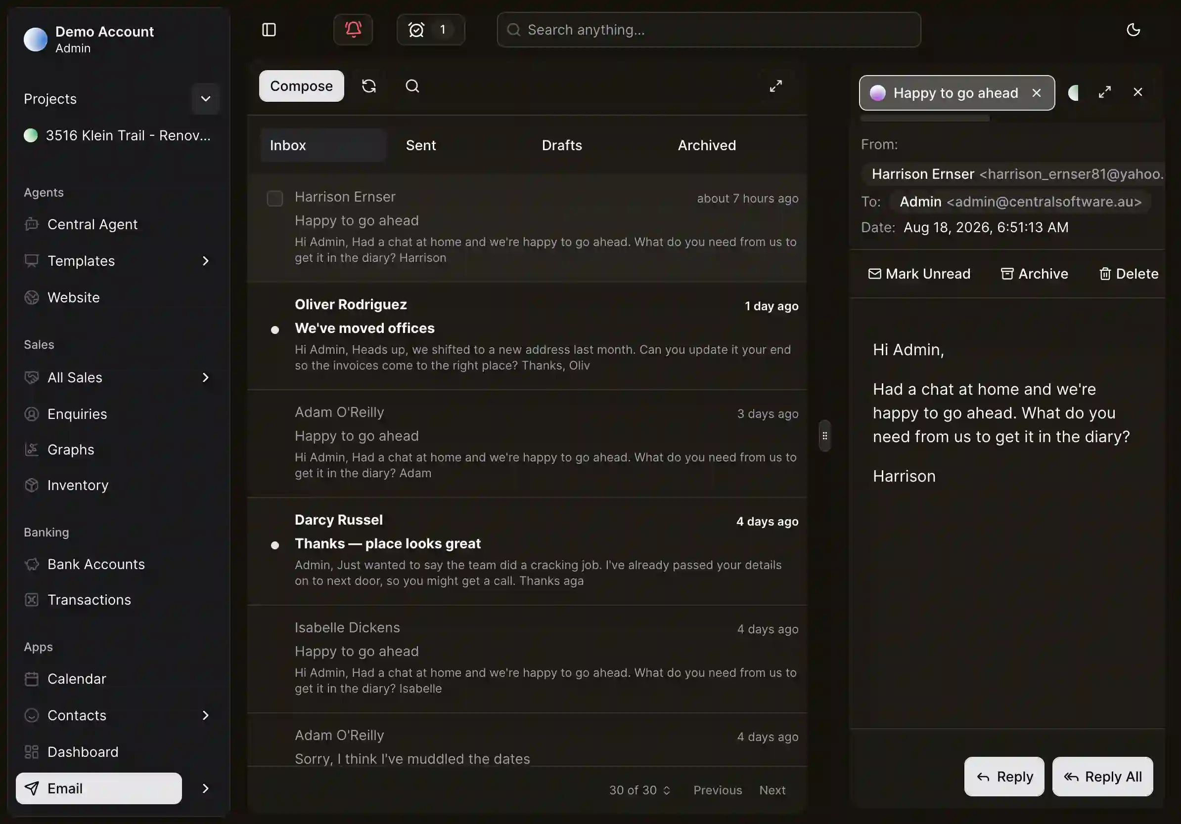 The CentralOS inbox with Inbox, Sent, Drafts and Archived tabs beside an open customer reply in a side panel