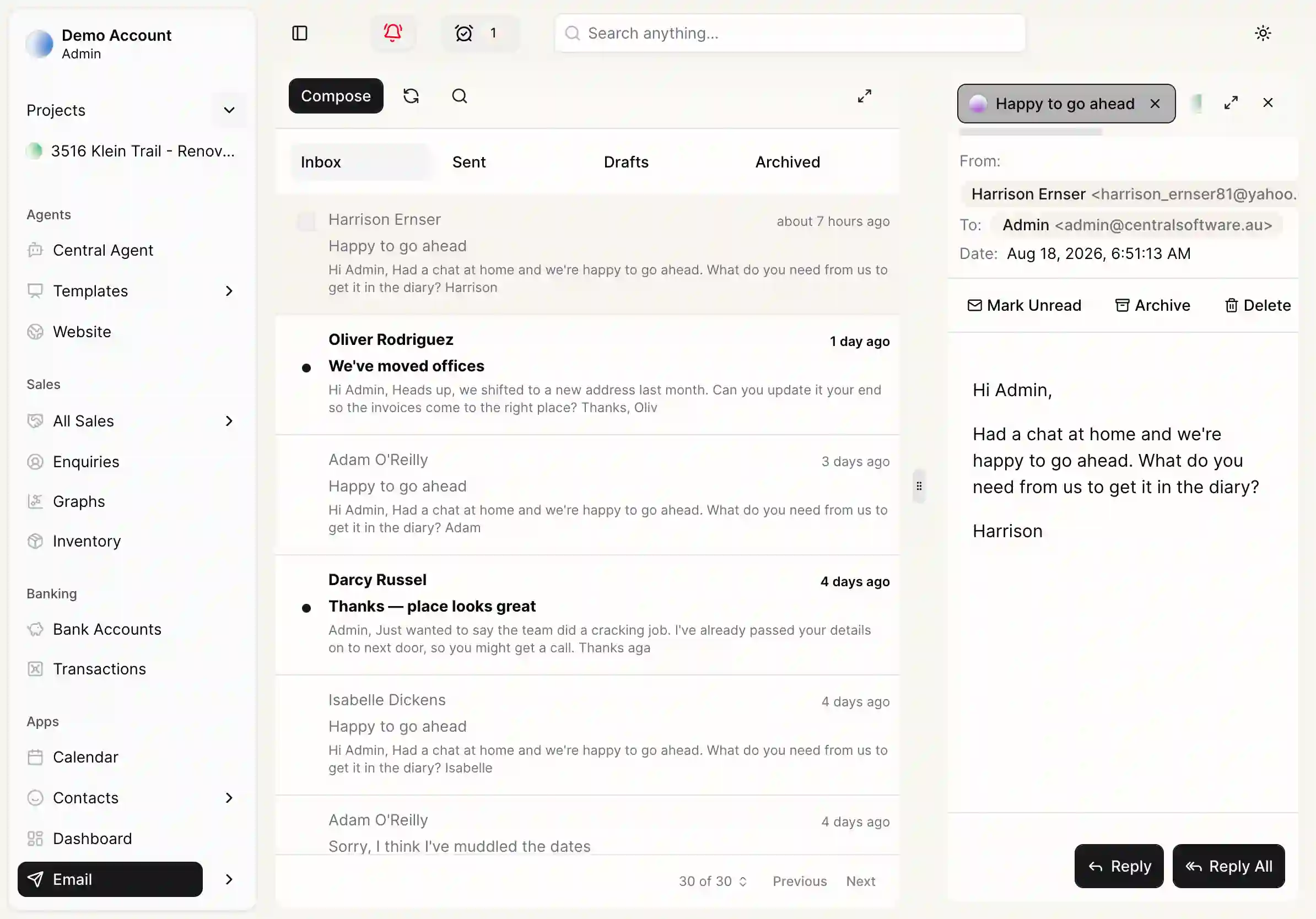 CentralOS email interface showing template builder and conversation view
