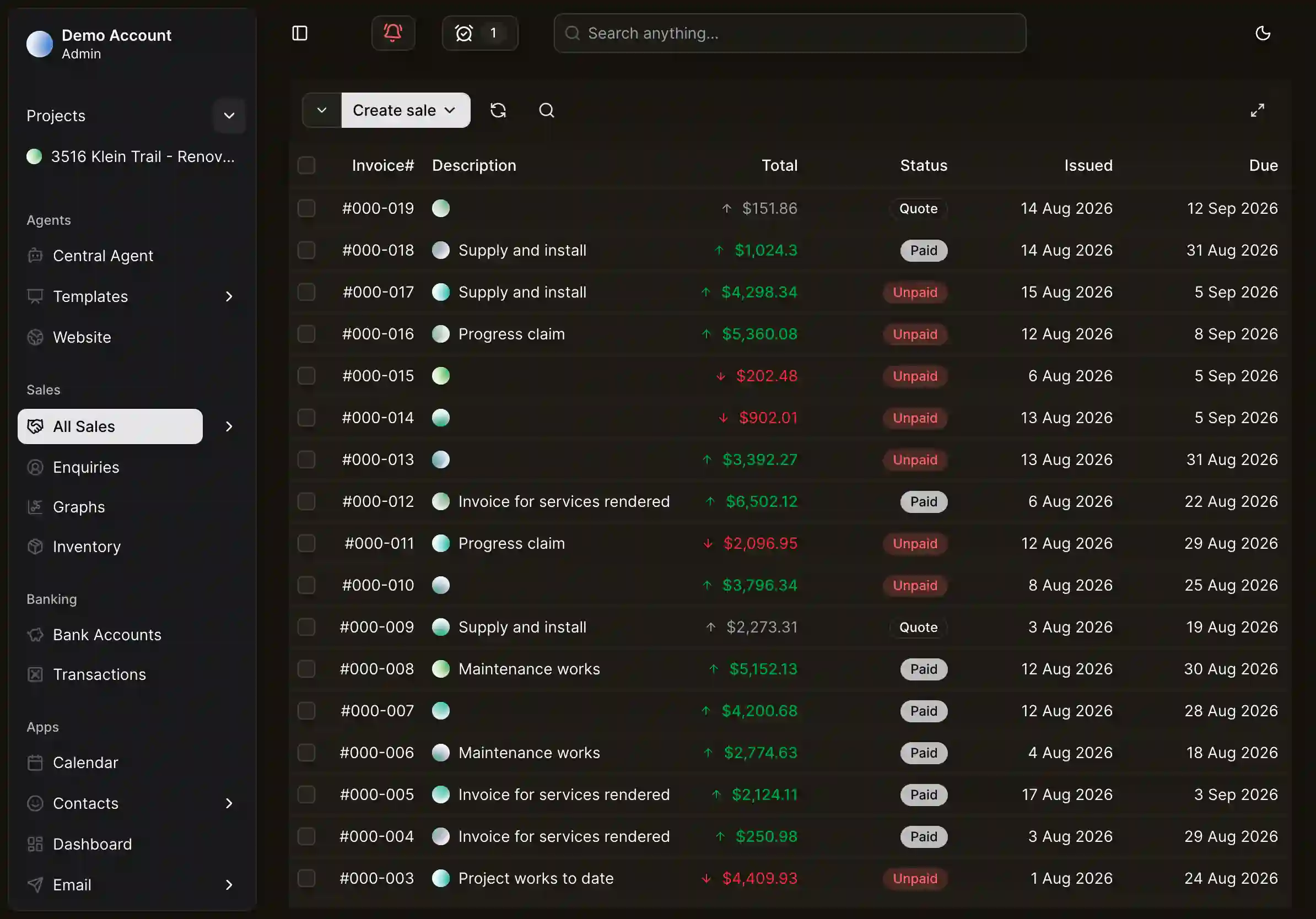 A CentralOS sales list of quotes and invoices with paid and unpaid status, totals, and issued and due dates