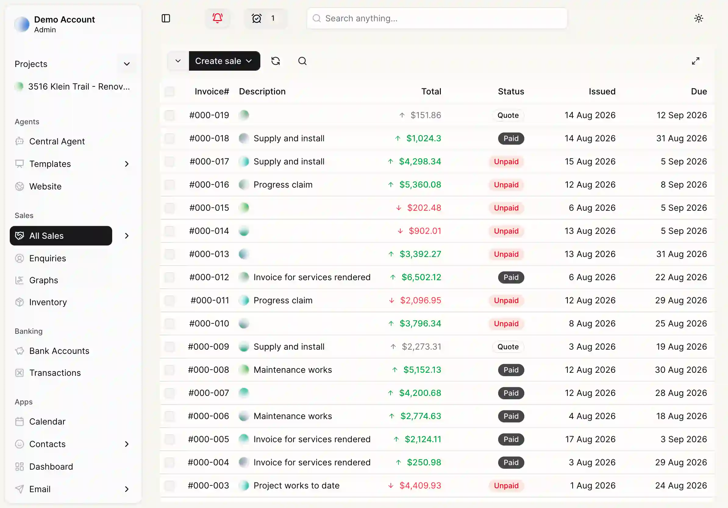 CentralOS invoicing interface showing invoice builder and Stripe payment tracking