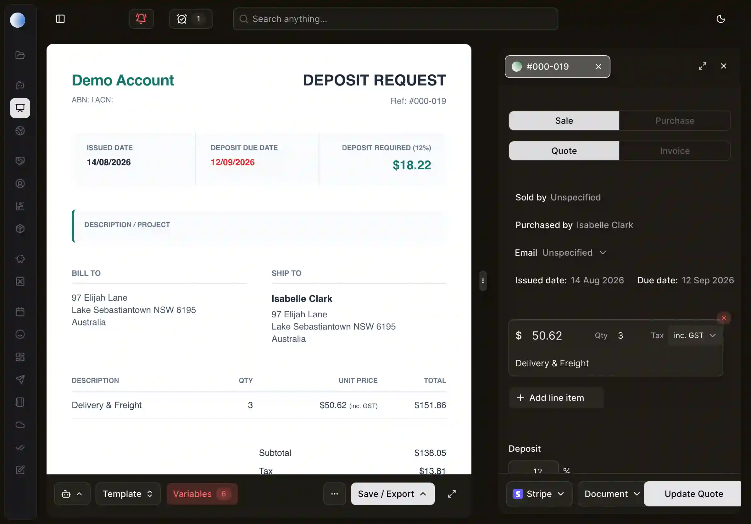 A deposit request document in CentralOS beside a tabbed quote panel with line items, tax and a Stripe action