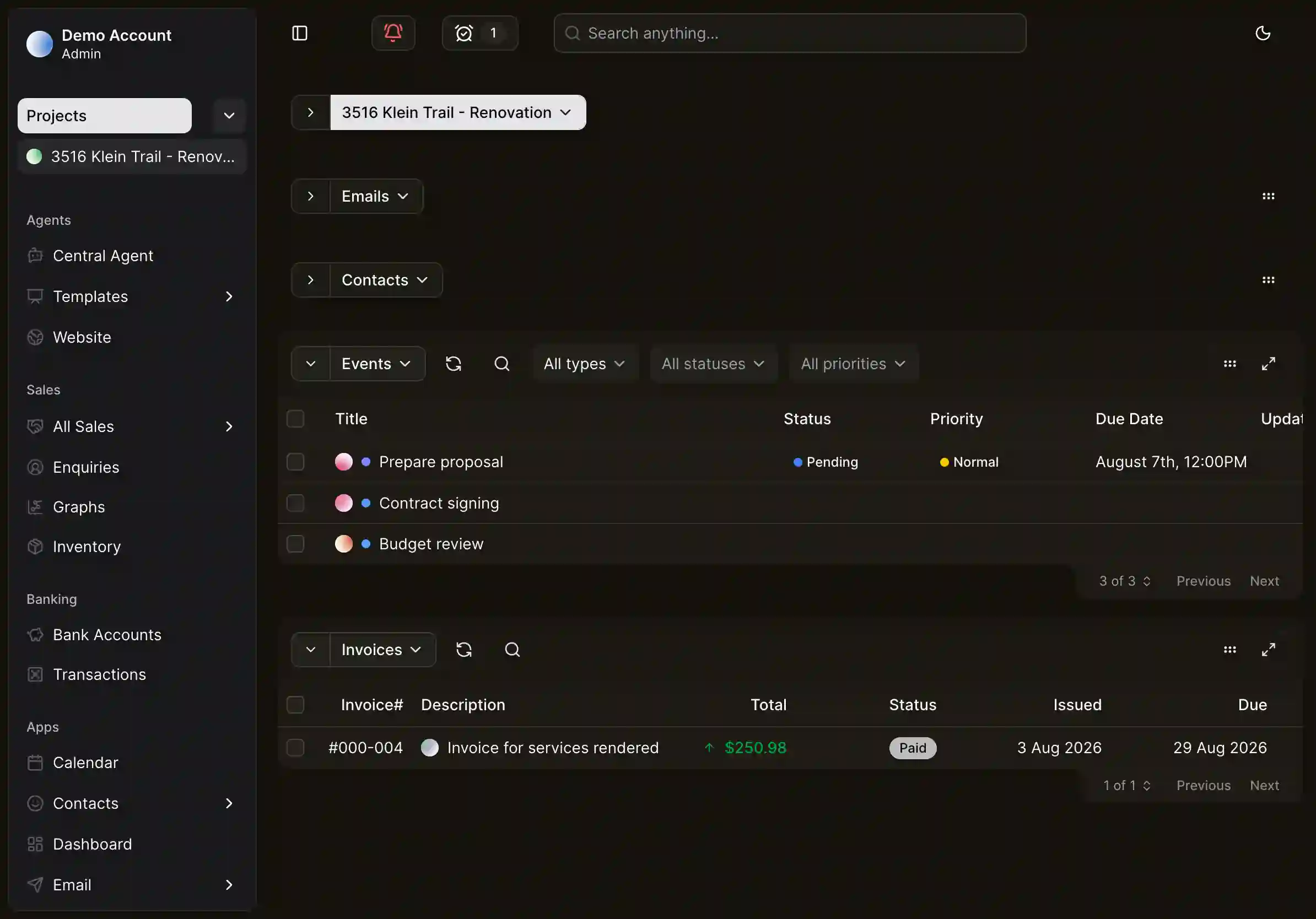 A CentralOS project with collapsible email, contact, event and invoice panels, showing scheduled work and a paid invoice