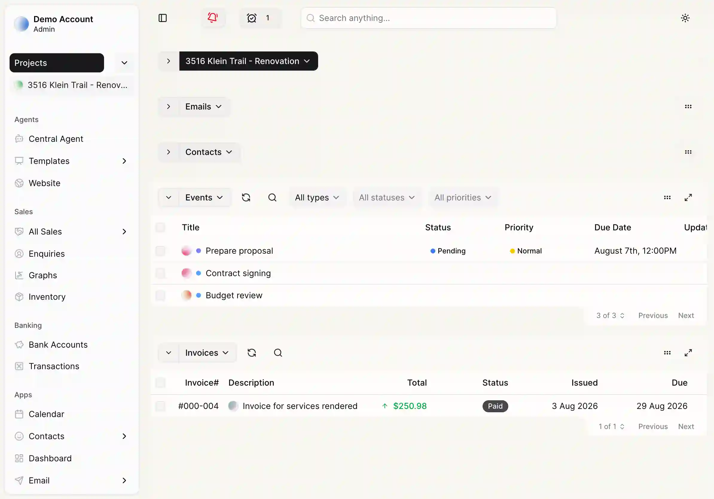 CentralOS project view showing combined contacts, emails, tasks and invoices