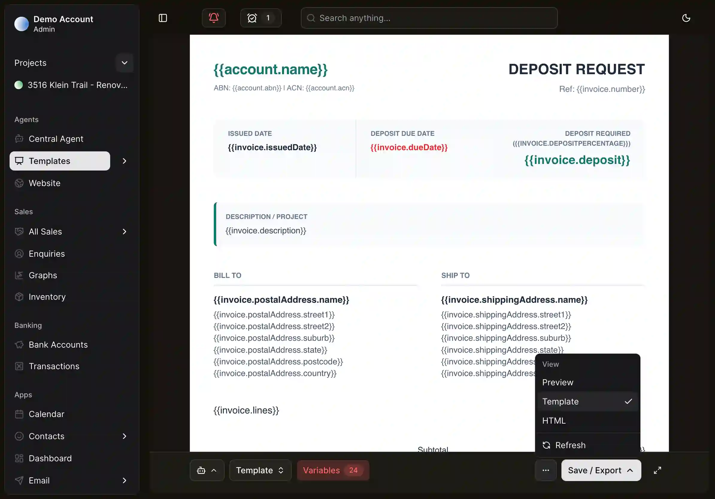 A CentralOS deposit request template in variable view, showing the merge fields that bind to real invoice data