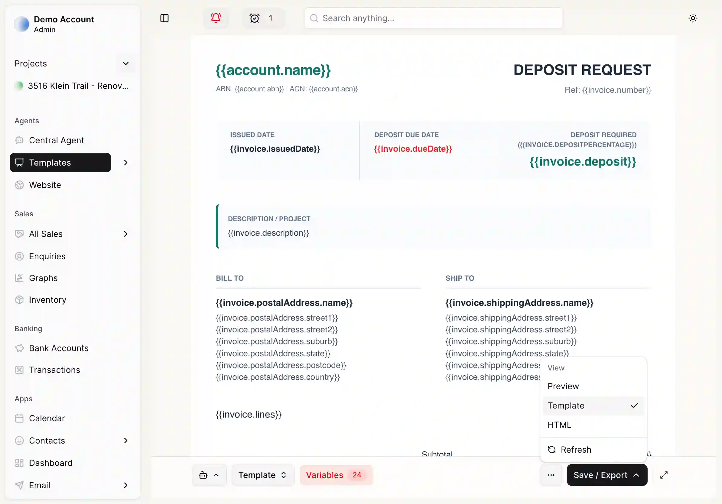 CentralOS template builder showing real-time document preview